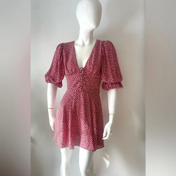 Eggie Red Floral Puff Sleeve Mini Dress – Small Romantic - Picture 7 of 7